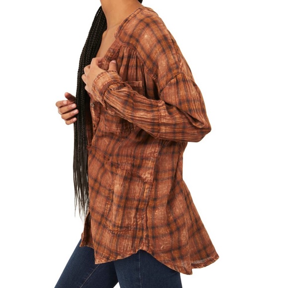 Free People One Of The Boys Oversized Plaid Tunic Shirt NWT Size S Brown Combo - Picture 2 of 6
